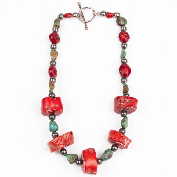 Turquoise and Chunky Red Coral  & Silver Bead Statement Vintage Necklace - Picture 3 of 8